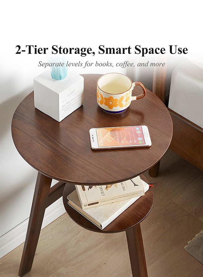 WALALLA Solid Wood Round Side Table - 2-Tier Mid-Century Modern End Table with 40cm Diameter, Multi-Functional Accent Table for Living Room & Bedroom (Walnut) - Image 5